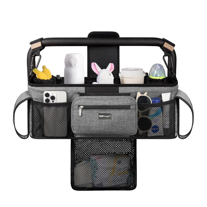 Universal Baby Stroller Organizer, Stroller Caddy with Detachable Mesh Bag & Heightened Insulated Cup Holders & Non-Slip Secure Hooks Accessories, Fits Most Strollers (Checkerboard)