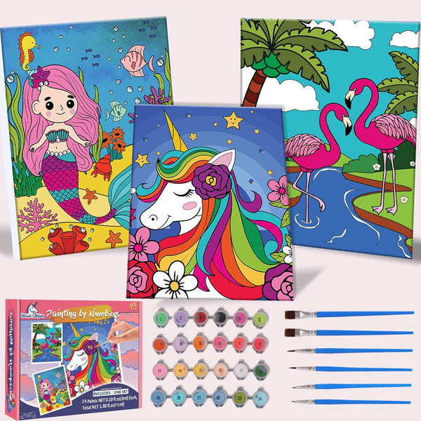 Paint-By-Numbers Kit - 3 Pack Framed Canvas, 24X3Ml Acrylic Paints, 6 Brushes, Predrawn Canvas, Art Set for Teens & Kids