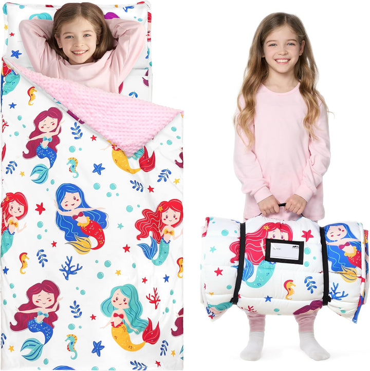 Toddler Nap Mat for Preschool 55''X30'' Sleeping Mat with Removable Pillow and Minky Blanket for Kids Ages 3-7 Roll up Soft Kids Sleeping Bag for Boys Girls Kindergarten Daycare Sleepover