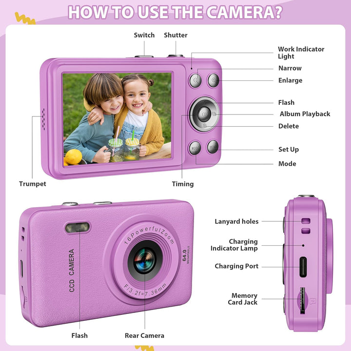 Kids Camera Toys for Boys Girls,Digital Video Camera Toys for Kids with MP3 Music Player and 32GB SD Card,Ideas Birthday Gifts for 4 5 6 7 8 9 10+ Years Old Little Girls and Boys(Purple)
