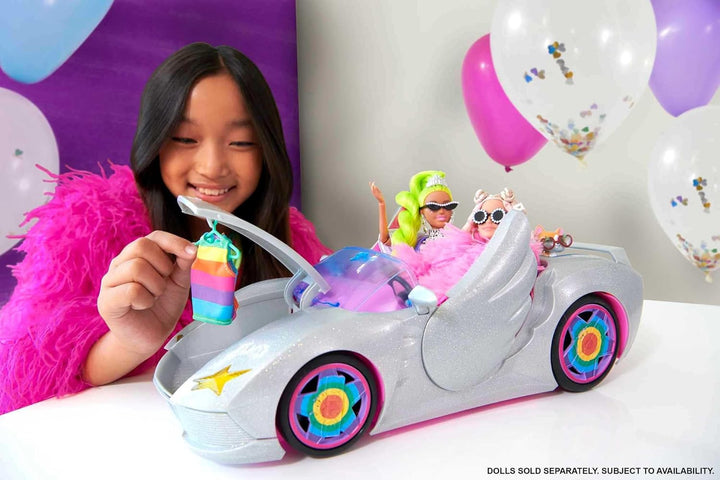 Extra Toy Car with Fashion Accessories & Puppy, Sparkly Silver 2-Seater Convertible with Hood Storage & Pet Pool, Sized for Fashion Dolls