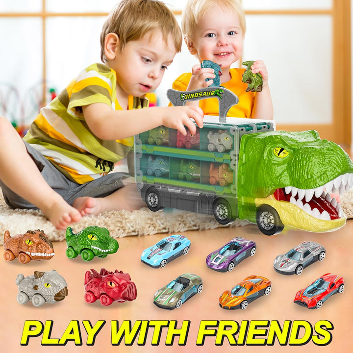 13 in 1 Dinosaur Toys Car for Kids, Dinosaur Transport Truck Track Set, Toddler Boy Toys Age 2-4 1-3, Birthday Gifts Toy for 3 4 5 6+ Year Old Boy,Foldable Track & Race Mode W/ 6 Dino Car & 6 Race Car