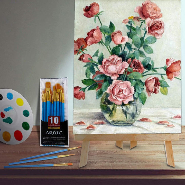 144 PCS Professional Painting Set, 12 PCS Wood Easels,12 Packs of 120 Brushes with Nylon Brush Head and 12 PCS Palettes, Painting Supplies Kit for Kids & Adults Party.
