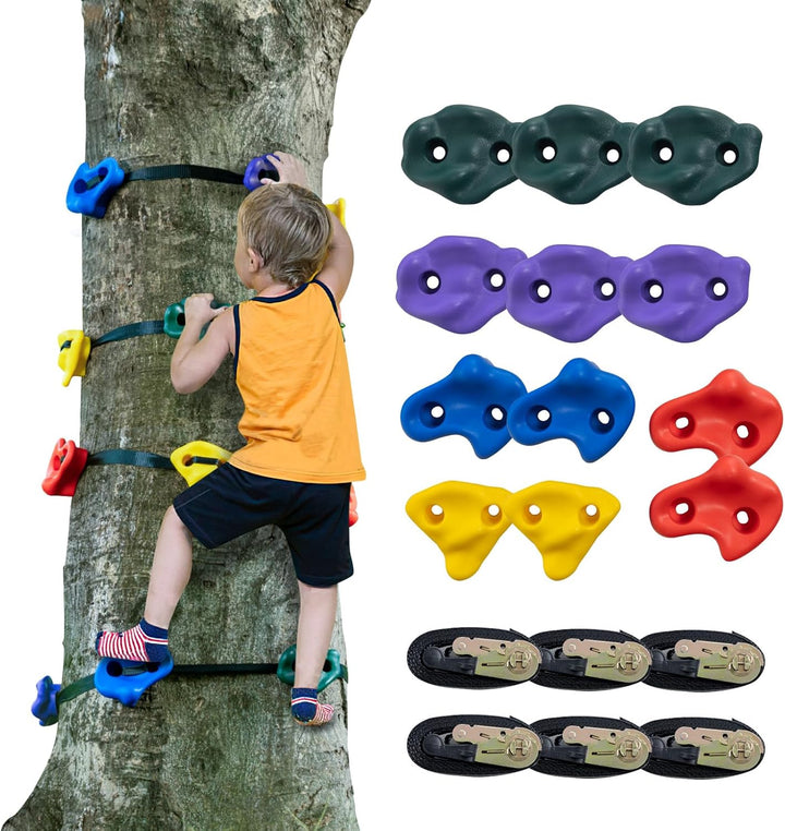 Ninja Tree Climbing Kit, 20 Rock Climbing Holds & 6 Ratchets, Large Climbing Rocks for Kids & Adults Outdoor Backyard Ninja Tree Obstacle Course Training