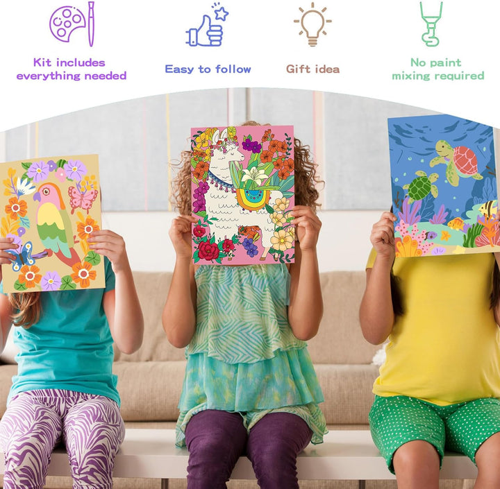 3 Pack Paint by Numbers Kit for Kids 8-12, 10*8" Framed Canvas with 17 Acrylic Paint Pots and 6 Brushes, Color by Number Crafts Art Supplies