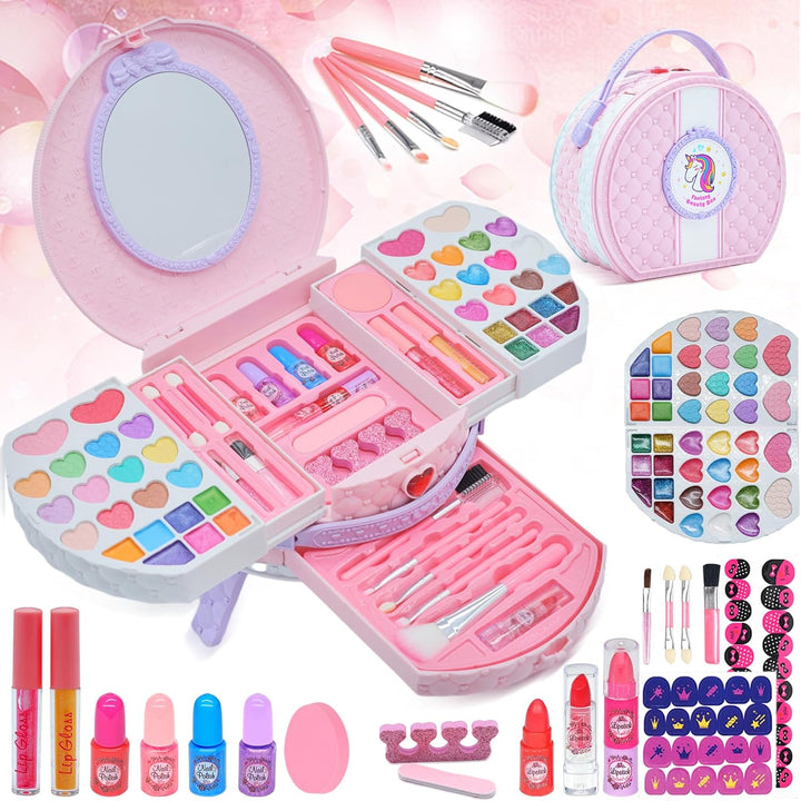 Kids Makeup Kit for Girl - 52 PCS Safe and Washable Makeup for Kids, Real Girls Makeup Kit, Toddler Makeup Kit with Cosmetic Case, Girls Toys Age 4-12, Princess Toys Birthday Gifts for Girls