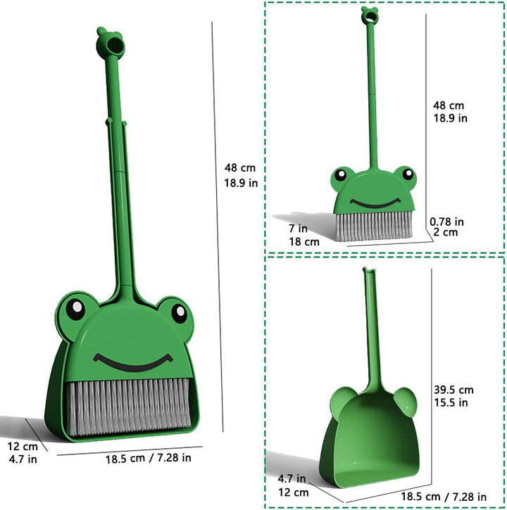 Mini Broom with Dustpan for Boy I Kids Small Cleaning Set Combo Pretend Play I Toddler Kitchen Dress up Toys–Frog Green