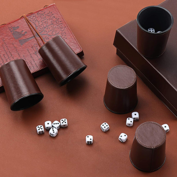 Party Games Leather Dice Cup Set, 6 Black Leather Dice Cups +30 Dice + Exclusive Storage and Transport Case Made of Faux Leather