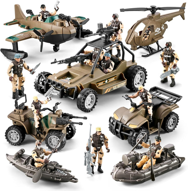 78-In-1 Army Men Sets Toys with Realistic Military Truck/Helicopter/Kayak Boat/Motorcycle/Army Men Action Figures/Weapon Gears, Army Toys Gift for Boys Kids 4-7 6-8 8-14 Fun Birthday Party Favors