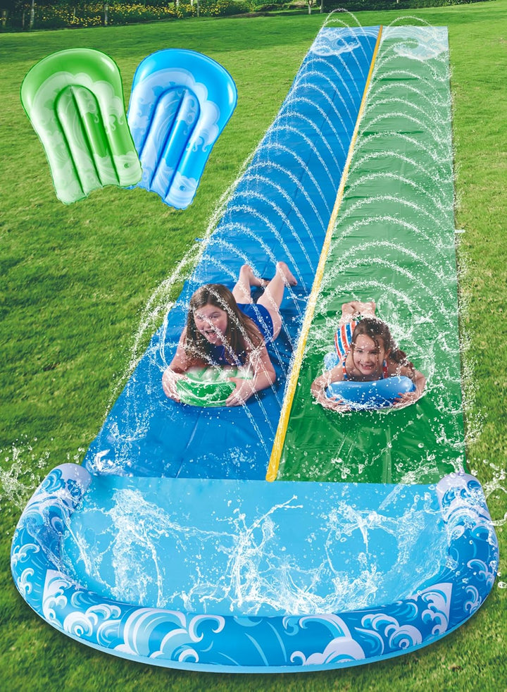 22.5Ft Water Slides and 2 Bodyboards, Lawn Water Slide Summer Slip Waterslides Water Toy with Build in Sprinkler for Backyard Outdoor Water Fun for Kids