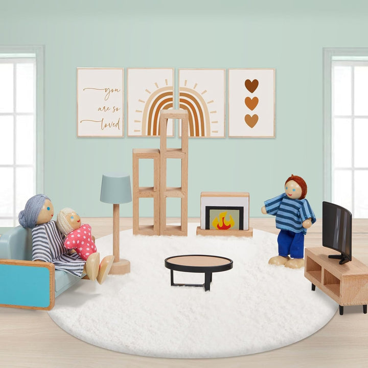 36Pcs Wooden Dollhouse Furniture Set 5 Rooms with 4 Family Dolls, Wood and Plastic Blue Dollhouse Accessories, Pretend Play Furniture Toys Christmas Birthday Gift for Boys Girls & Kids Toddlers 3Y+