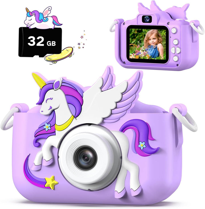 Dinosaur Kids Camera for Boys Girls, Toddler Digital Selfie Camera with Cute Protective Cover and 32G SD Card, Christmas Birthday Gifts Toys for 3 4 5 6 7 8 9 10 11 12 Years Old Little Girls and Boys