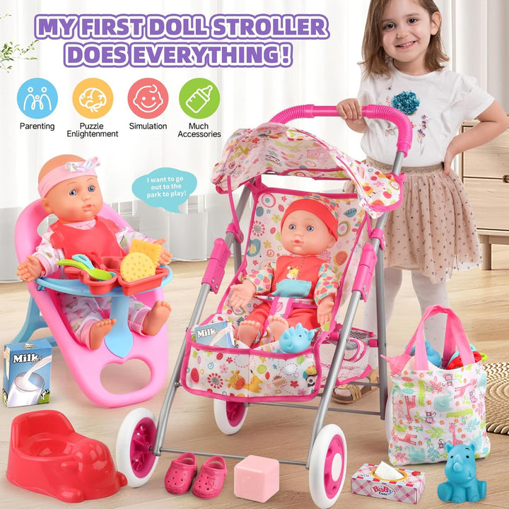 Baby Doll Stroller Set Toys for Girls Toddlers 3-5 4-6 Gifts,Baby Doll Set with 12.5 Inch Doll,1 Baby Dining Chair,20 PCS Baby Doll Accessories and 2 Sets Doll Clothes for Realistic Pretend Play
