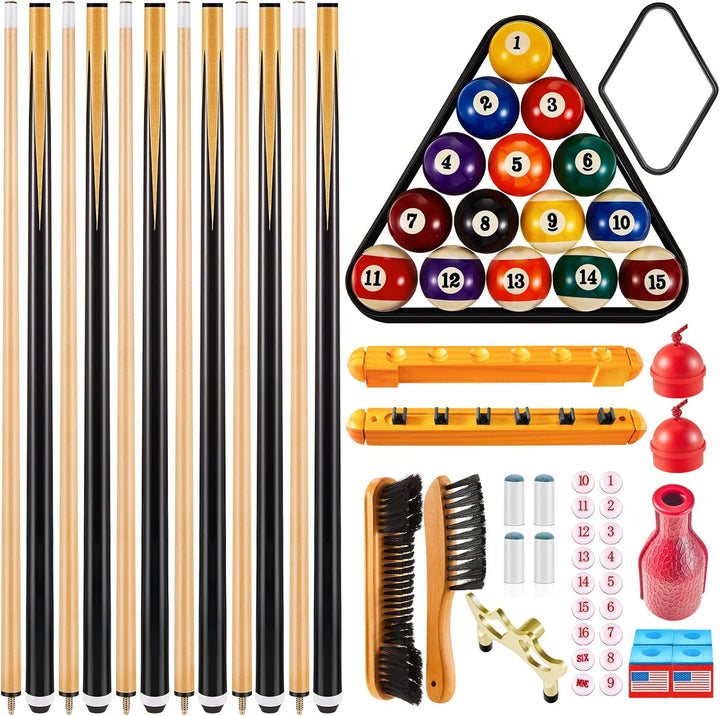 55 Pcs Pool Table Accessories 16 Pcs Billiard Balls 6 Set Pool Sticks Triangle Diamond Ball Holder Cue Chalks Cue Tip and Brush Set