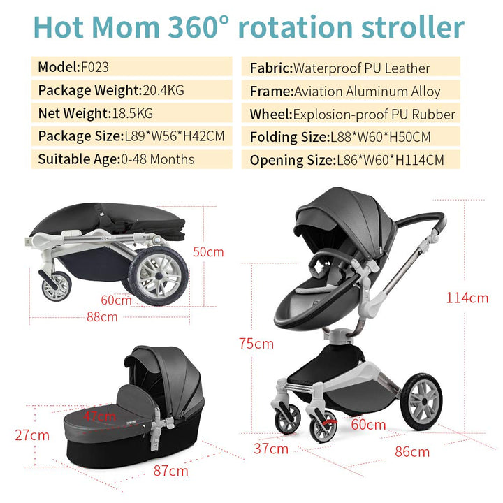 360 Degree Rotation Baby Stroller/Carriage, PU Leather Pushchair Pram, 2022 (F023 Coal Gray)