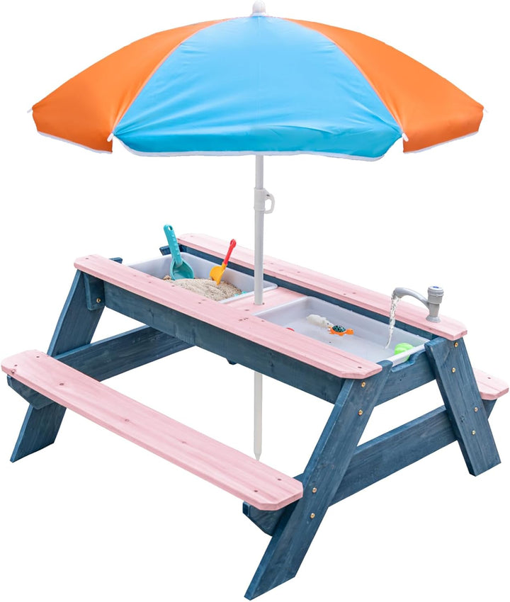 Kids 3-In-1 Sand & Water Table, Wood Outdoor Convertible Picnic Table with Umbrella, 2 Trays, Removable Top with Faucet, Picnic for Outdoor (Pink/Navy)