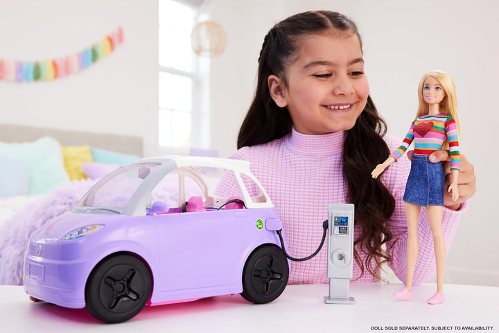 Doll Accessories, Toy Car Electric Vehicle with Charging Station, Plug & Sunroof, Purple 2-Seater Transforms into Convertible
