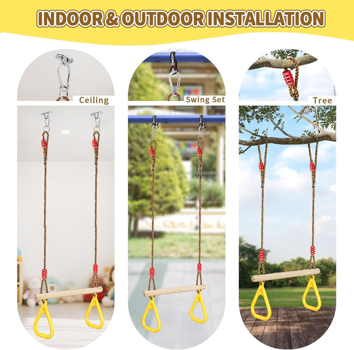 Wooden Trapeze Swing Bar, Adjustable Height Swing Set, Gym Rings, Playground Attachments, 16.5" Monkey Bar for Backyard, Playground, Playroom