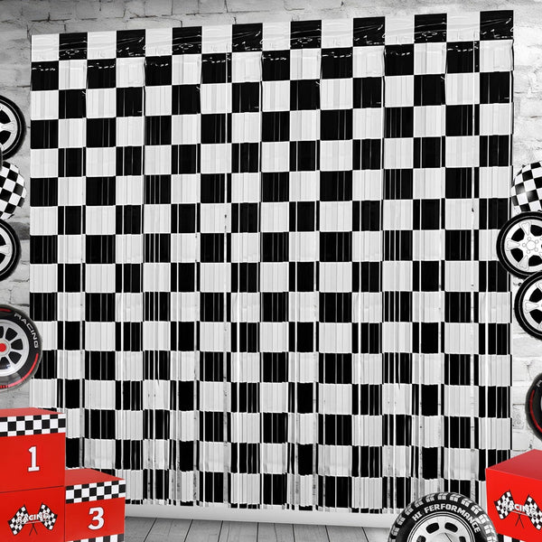 Race Car Foil Fringe Curtains Backdrop Birthday Party Decorations, 2 Pack 3.28 X 6.56 Ft Black White Foil Fringe Curtain Photo Booth Props Racing Car One Happy Dude Birthday Party Decorations