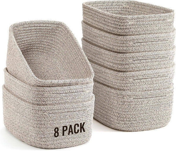 8 Pack Small Storage Baskets for Organizing, Woven Rope Bins for Bathroom, Closet, Shelf Organizer, Cute Cube Decorative Box for Towels, Baby Nursery, Toys, Gift Empty Baskets - 11.5"X7.5"X4.7"-Brown
