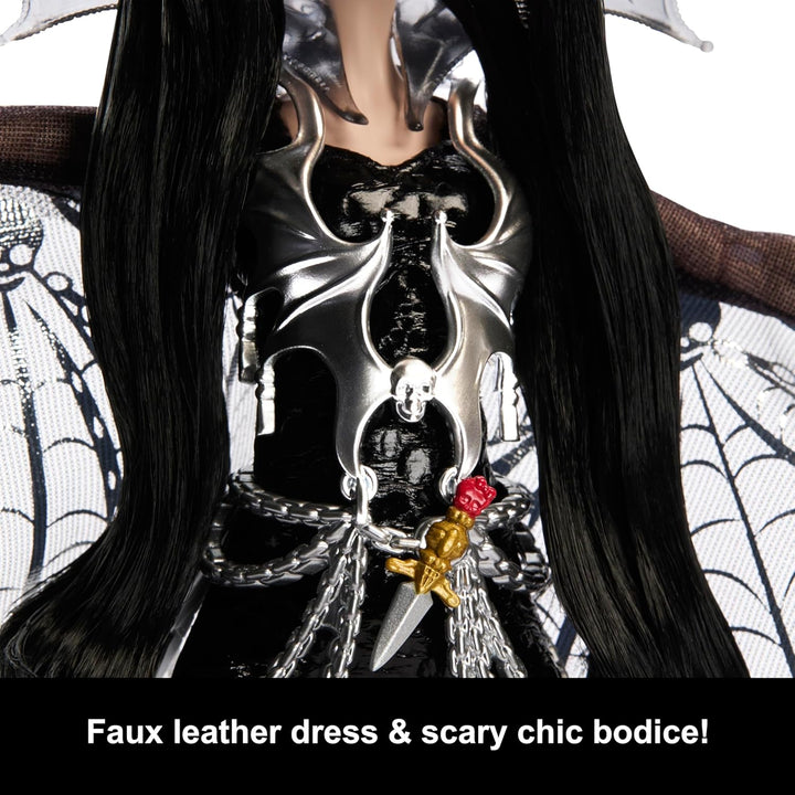 Doll, Elvira, Mistress of the Dark Collectible in Black Faux Leather Dress with Silvery Batwing Cape and Premium Accessories