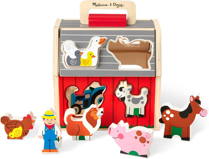 Wooden Take-Along Sorting Barn Toy with Flip-Up Roof and Handle, 10 Wooden Farm Play Pieces - Farm Toys, Shape Sorting and Stacking Learning Toys for Toddlers and Kids Ages 2+