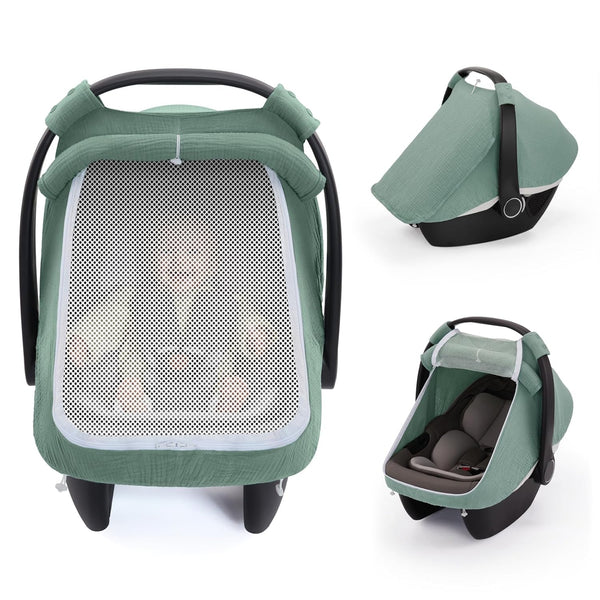 Baby Car Seat Cover, Extra Large Mesh Window, Breathable Muslin Cotton, Infant Windproof Canopy, Must-Have Baby Gift - Roman Green