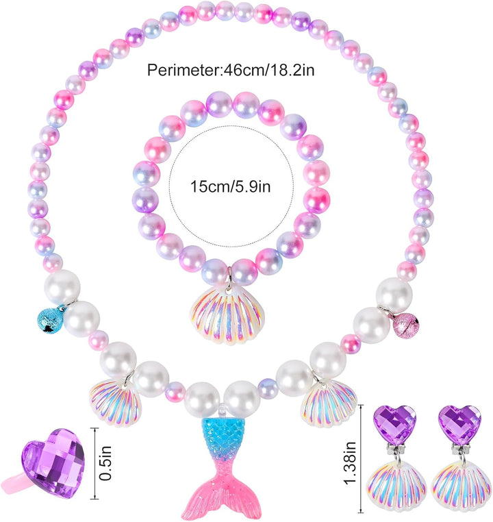 2 Sets Mermaid Jewelry Set for Girls, Princess Accessories for Dress-Up, Birthday Party & Costume Play Mermaid Necklace, Bracelet, Ring & Earrings for Girls Age 3-8