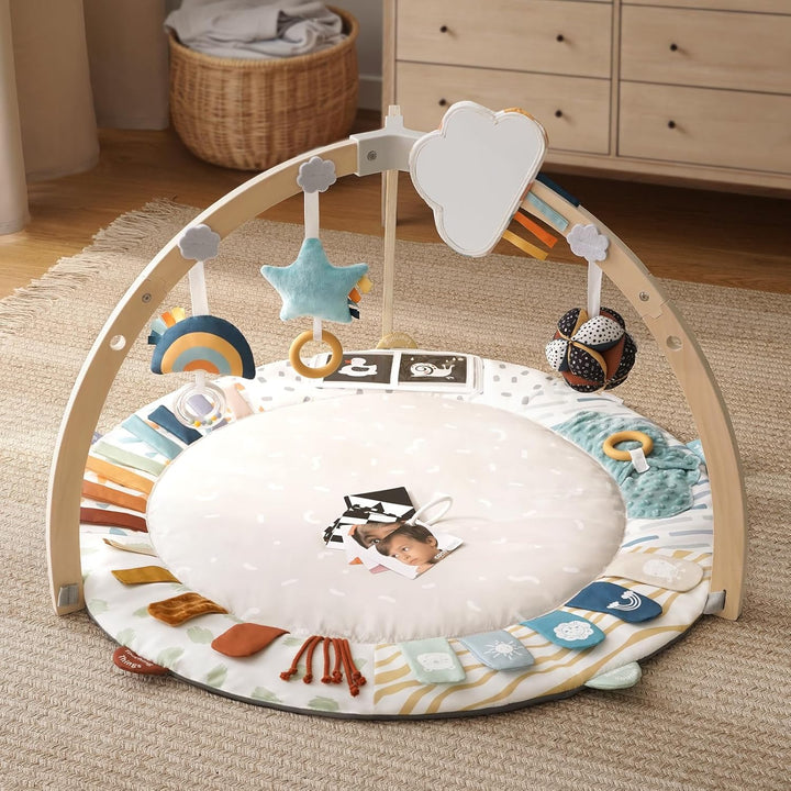 Baby Play Gym & Activity Mat, 5 Developmental Zones Wooden Tummy Time Mat with 5 Detachable Sensory Toys for Motor Skills & Sensory Development, Baby Essentials Shower Gift