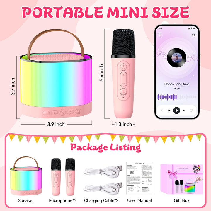Mini Karaoke Machine with 2 Wireless Microphones for Kids Adults, 2025 Popular Portable Bluetooth Speaker Gift for Girls Toys 4, 5, 6, 7, 8, 10, 12+ Years Old Teens Birthday (Pink 2 Mics)