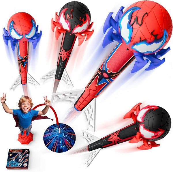 Spider Rocket Launcher for Kids, 4 Spider Rockets with Web Air Pump, Stomping Launch up Toys, Outdoor outside Spider Toys Gifts for 3 4 5 6 7 8 9 10 Year Old Boys Girls Age 3-4 4-6 6-8 Birthday Gift