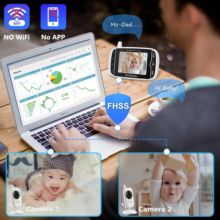 Baby Monitor with 2 Cameras, No Wifi, with Camera and Audio,Video, Night Vision 2-Way Audio, Fully Remote Pan & Tilt, 2X Zoom, ECO Mode, 8 Lullabies