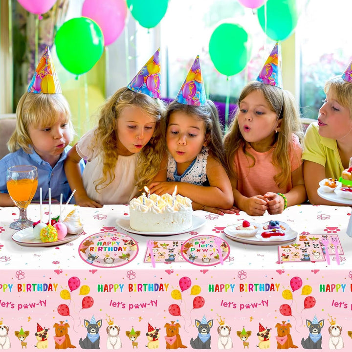 98Pcs Dog Birthday Party Decorations Puppy Tableware Set Plates Napkins Pink Dog Theme Tablecloth for Girls Birthday Lets Pawty Party Supplies Kit Pet Dog Table Cover Dinnerware Paw Print Party Favors
