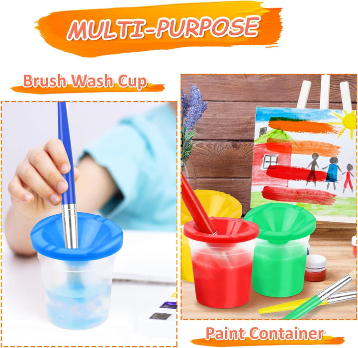 4 Pcs Kids No Spill Paint Cups and 4 round Paint Brushes 4 Colors Spill Proof Paint Cups for Children’ Art Class and Home.