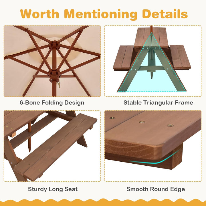 Kids Picnic Table, Outdoor Wooden Bench Set W/Removable Umbrella, Children Backyard Furniture for Patio Garden, Toddler Picnic Table for Outdoors, Gift for Boys Girls, Walnut