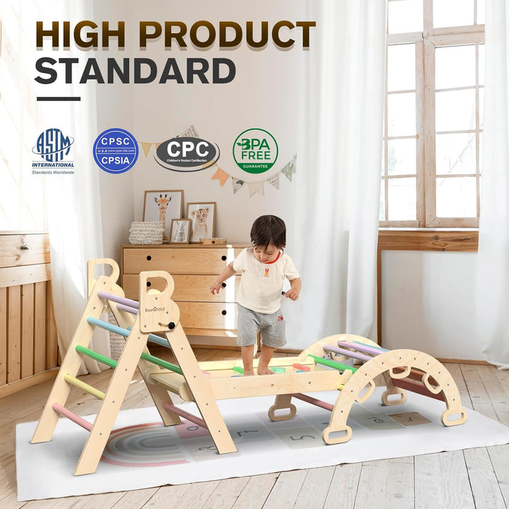 Pikler Triangle Set 7In1 Foldable Baby Climbing Toys Wooden Montessori Climbing Set with Arch&Ramp&Ladder Baby Climber Indoor Jungle Gyms for Toddlers Montessori Toys - Rainbow