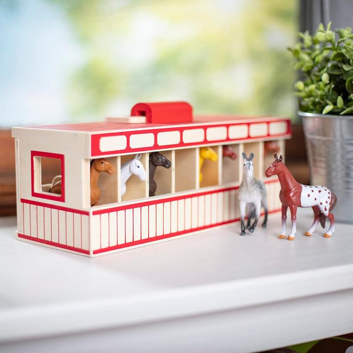 Take-Along Show-Horse Stable Play Set with Wooden Stable Box and 8 Toy Horses