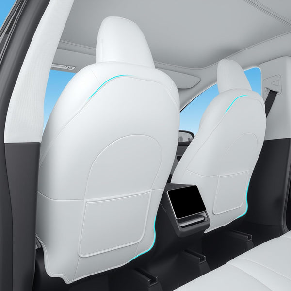 Seat Back Kick Protector for Tesla Model Y Model 3 Model S Model X Leather Backseat Mats for Kids Wear-Resistant Back Seat Cover with Extra Organizer Pocket 2 PCS -White