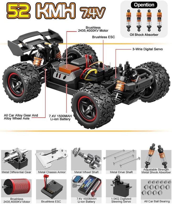 RC Car 1/14 Scale Brushless 4X4 Off-Road Truck, 30-45MPH High Speed RC Monster Truck with LED Lights, 2.4Ghz Remote Control, Large Wheel Professional Racing Model for Adults & Teens (【1:14】B002)
