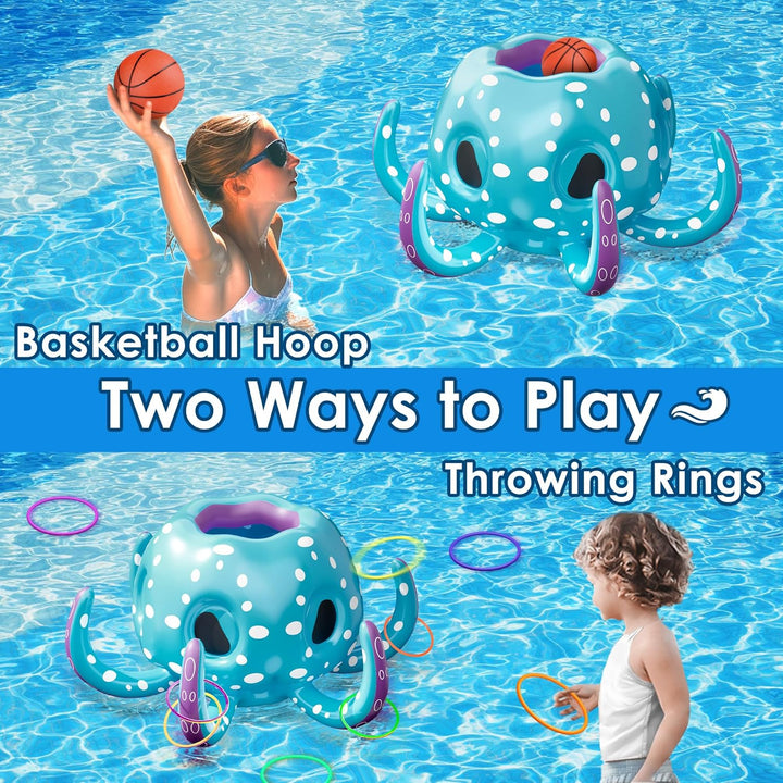Pool Wave Kids Octopus Pool Toys, 2-In-1 Inflatable Float Water Game, Basketball Hoop Ring Toss Outdoor Swim Play, Cool Summer Family Party Gift 3 4 5 6 7 8 Year Old Boy Girl Child-Blue