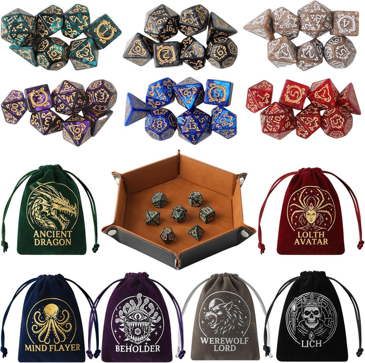 DND Dice Set, 42 Pcs Polyhedral Dice Set with 6 Colorful Animal Pattern Bag and PU Leather Velvet Tray for Dungeons Dragons D&D RPG MTG Table Games