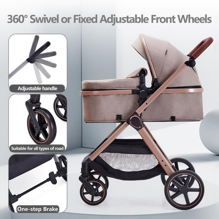2 in 1 Baby Stroller, Newborn Infant Toddler Convertible Bassinet Pram Stroller for 0-36 Months Old Babies (Beige)