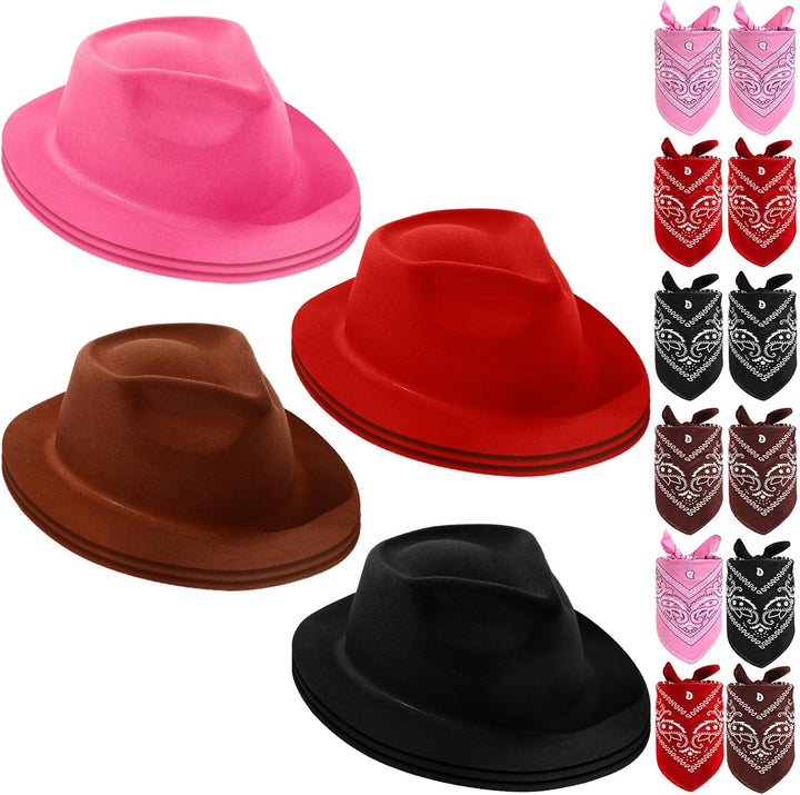 24 Pieces Western Cowboy Hat Set, Felt Cowboy Themed Party Hats with Paisley Bandanas for Kids Costume Party(Brown, Red, Blue)