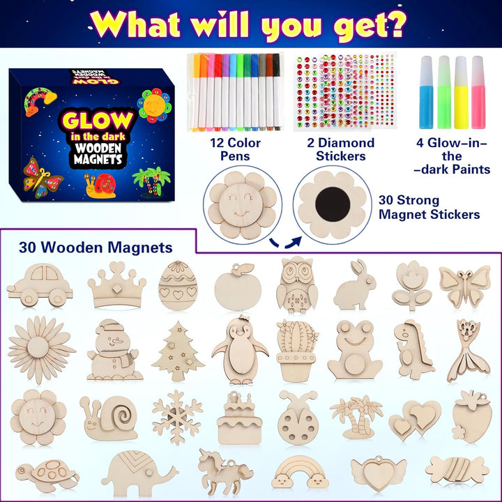 30Pcs DIY Wooden Magnets, Glow in the Dark Wooden Art Craft Supplies Painting Kit for Kids Activities Party Favors for Boys Girls Ages 4-8 8-12 Birthday Gifts Toys Pinata Goodie Bags Stuffers