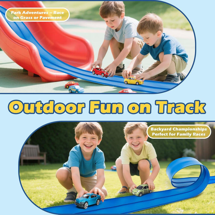 Flex Tracks 15 Ft Starter Set Flexible Race Track for Kids 3+, Race Car Ramp Track Compatible with Hot Wheels and Diecast 1/64Th Cars, Portable Rolls up Race Tracks with Strong Suction Cups
