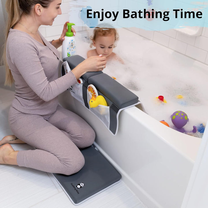 Bath Kneeler and Elbow Rest Pad Set - 2PC Premium Baby Bath Mat Set - Non-Slip Kneeling Pad with Storage Pockets - Machine Washable, Durable Foam Pad Bundle - Gray