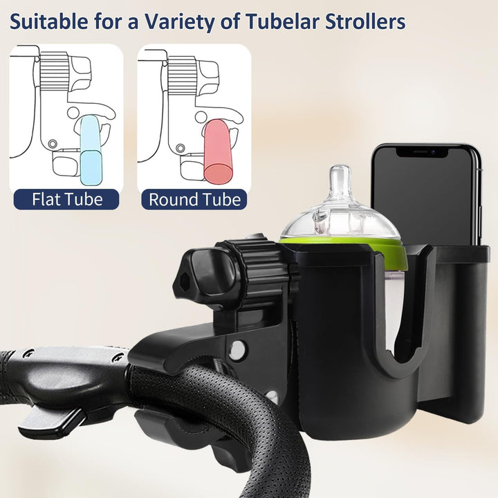 Universal Stroller Cup Holder with Phone Holder, 360°Rotatable Bottle Holder with Strong Clip, Accessories for Stroller, Bike, Wheelchair, Walker, Scooter