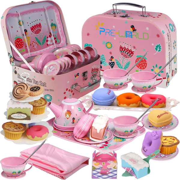 Tea Party Set for Little Girls, Princess Tea Time Toy Including Dessert,Cookies,Doughnut,Teapot Tray Cake, Tablecloth & Carrying Case,Kids Kitchen Pretend Play for Girls Boys Age 3-6