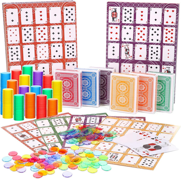 642 Pack Poker Keno Game Set, 36 Two-Sided Boards, 600 Transparent Scoring Chips, 6 Deck of Multicolor Playing Cards, Poker Bingo Set Keno Board Game for Gathering Activity Family Casino Night