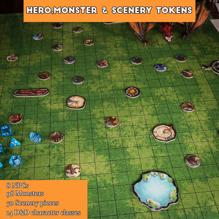 Foldable Battle Mat with DM Screen, Game Tokens, Dice Set, Markers - 2-Sided Wet & Dry Erase Terrain, Ultimate DND Starter Set, Accessories, Gift for Dungeon Master & Player